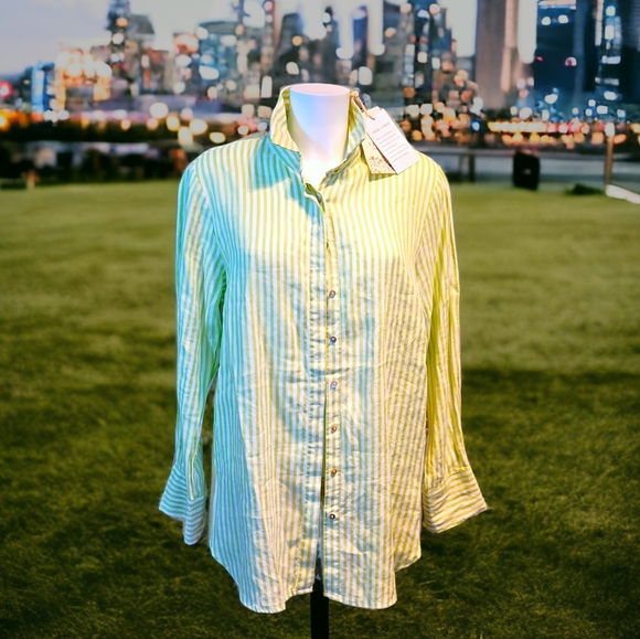 BNWT fits UK size 14 16 v pretty lime stripe linen shirt tunic dress long blouse - Picture 3 of 16